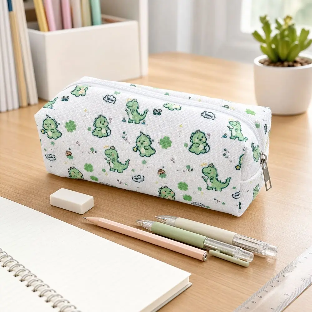 Dinosaur Pattern Dinosaur Pencil Case Large Capacity Rectangular Shape Zipper Pencil Pouch Cute Style Metal Zipper