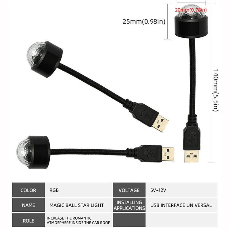 1pc USB Colorful Stage Light 360° All-round Rotation LED Projector Light DJ Car Voice Controlled Atmosphere Lights for Party