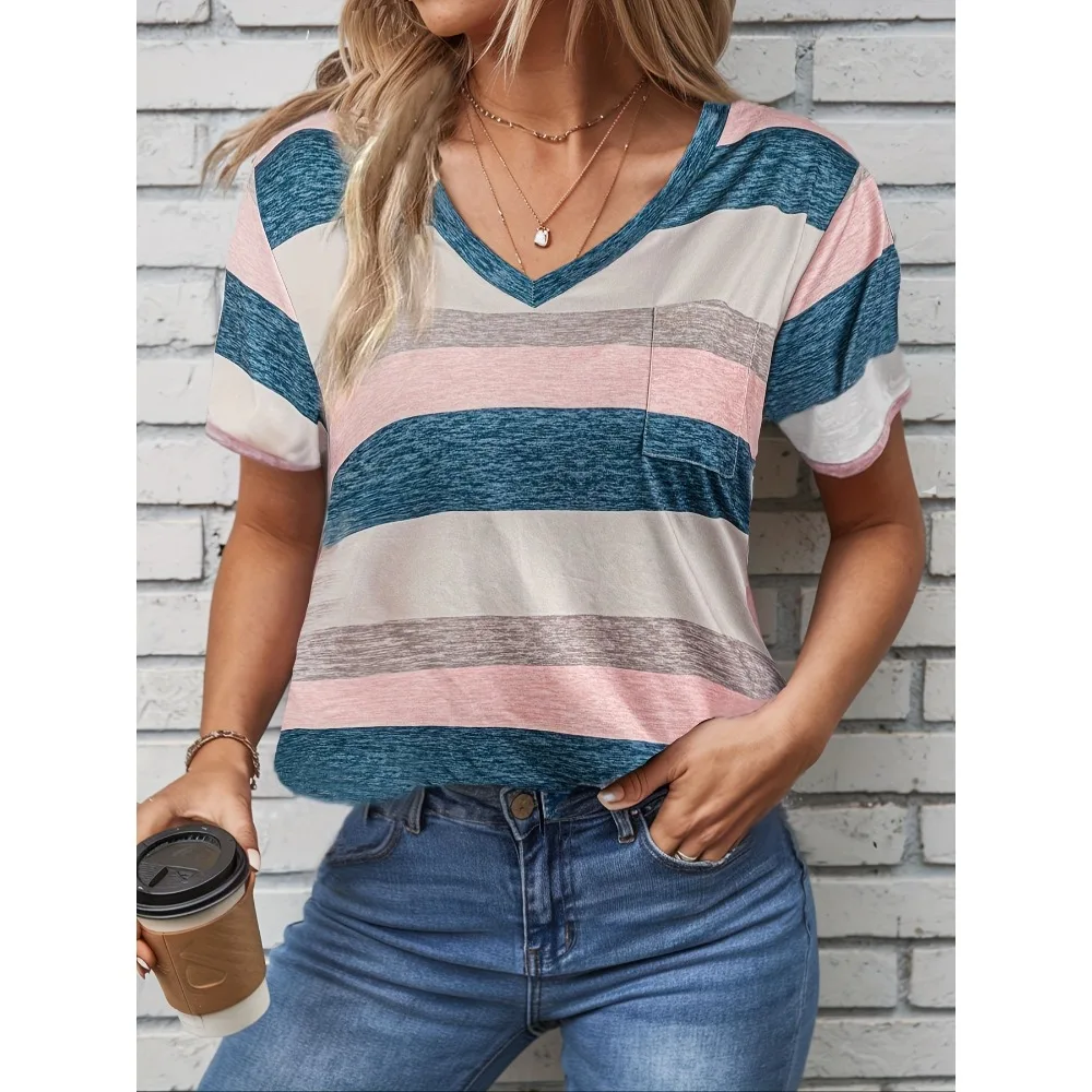 Plus Size Women's Summer New  Stripe Print Pocket hort Sleeve T-shirt Fashionable Casual Loose Printed Pattern T-Shirt