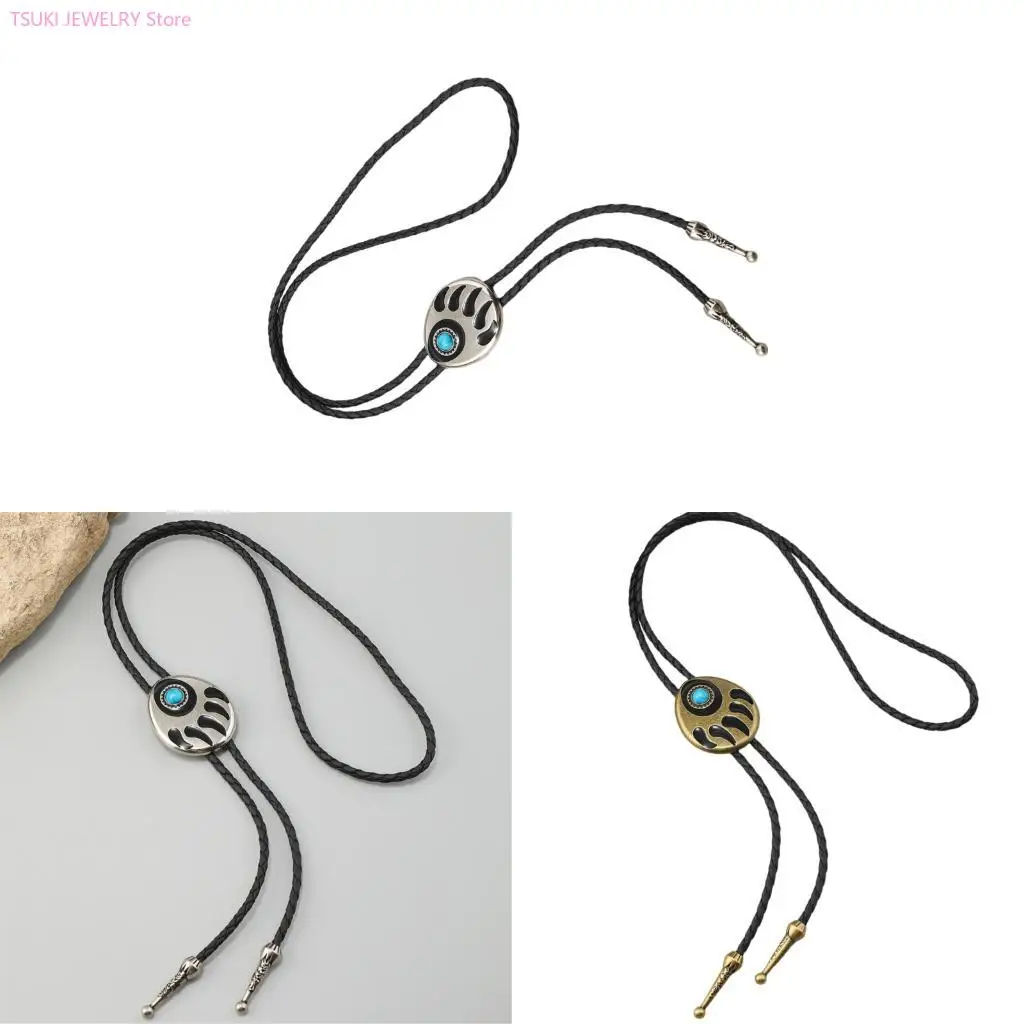 

62KE Cowboy Rodeos PU Leather Cord Bolo Tie With Bear Claw Pendant Unisex Accessory