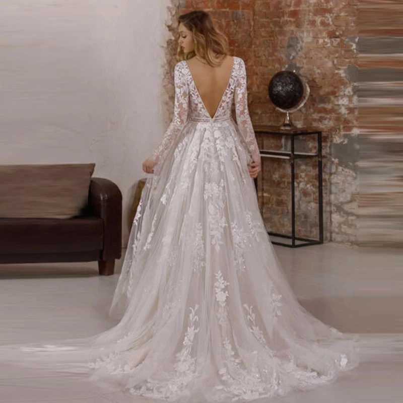 Vestido de Novia de manga larga para mujer, traje Sexy de tul de lujo, con apliques de línea A, hecho a medida, 2023, 2022