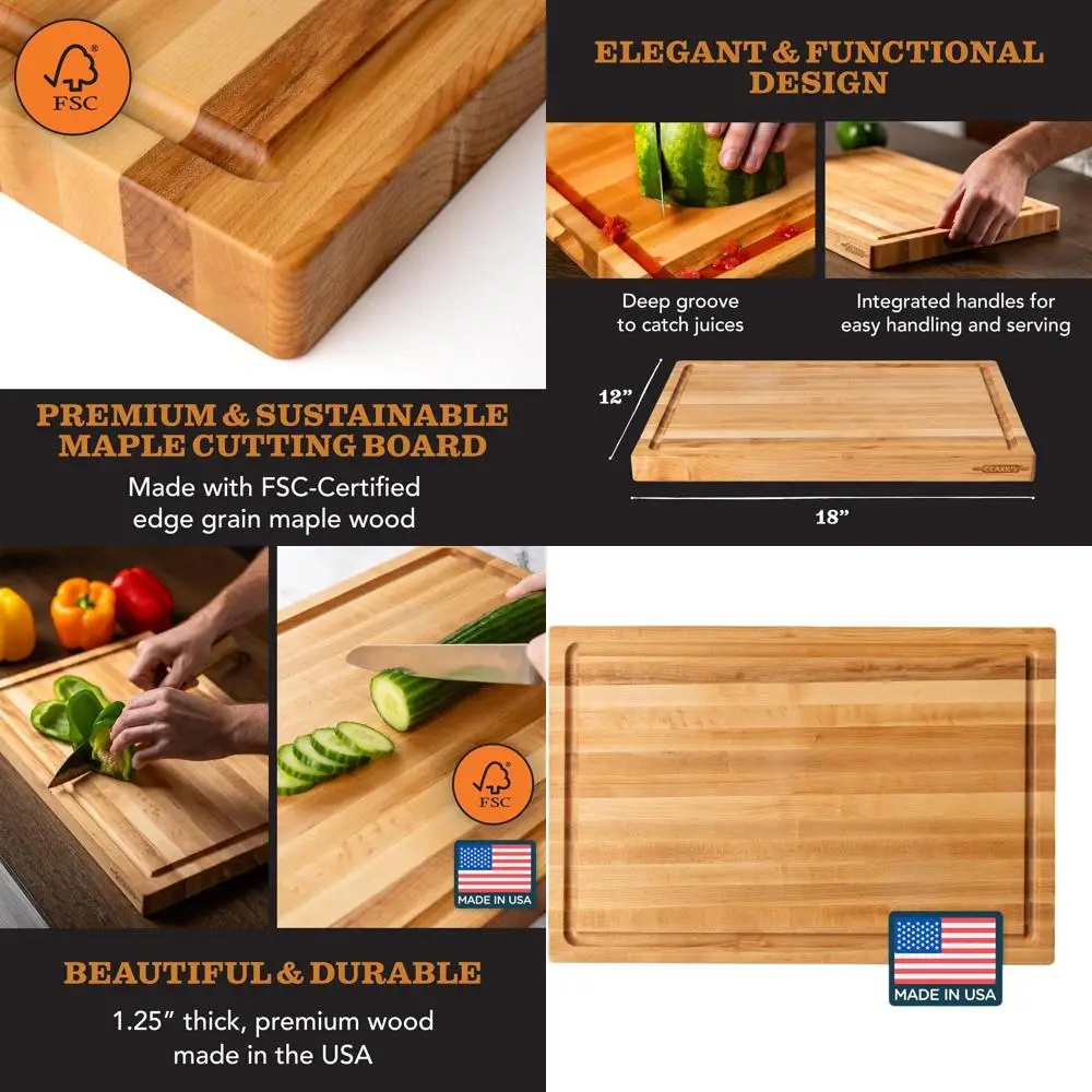 

Большая разделочная доска из кленовой твердой древесины с глубокой канавкой для сока и удобной ручкой для переноски, 18x12 дюймов