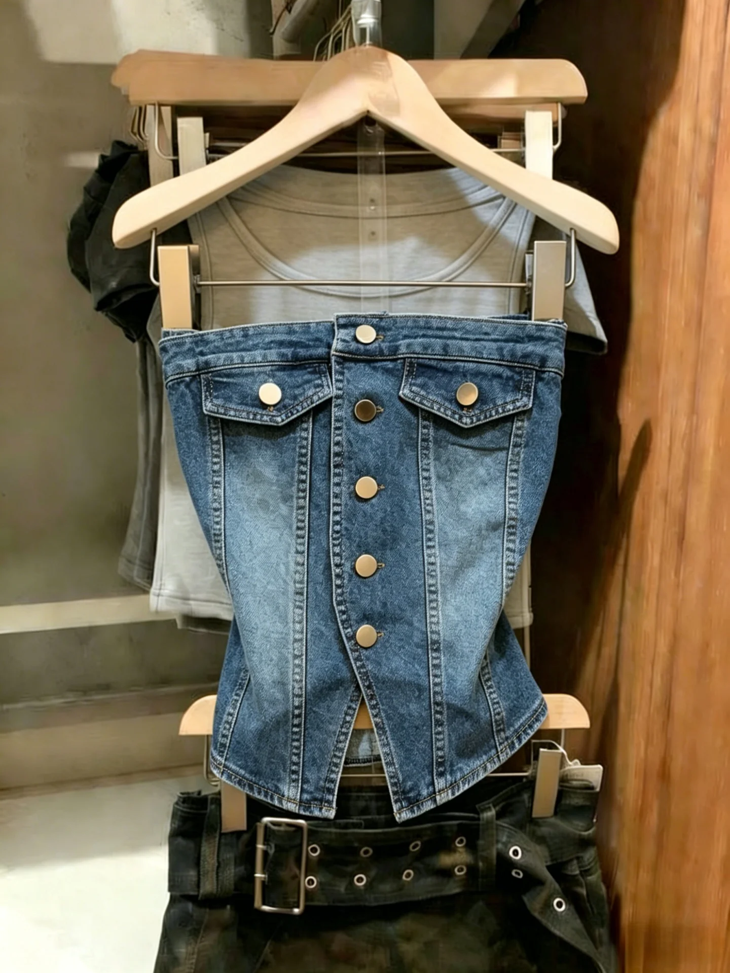 

High-End Women's Retro Sweet Spicy Denim Tube Top Short Vest Summer Sexy Slit Casual Fashion Chinese Made K1627 Single Piece