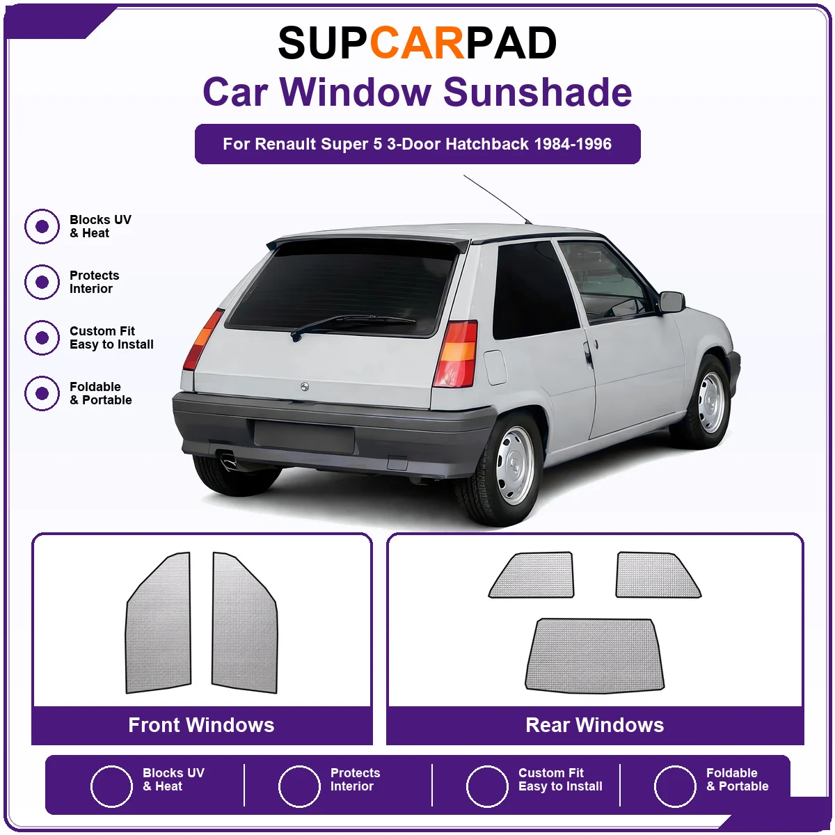 For Renault Super 5 3-Door Hatchback 1984-1996 Pre‑Cut Auto Window Sunshade Anti‑UV Car Sun Visor Protector