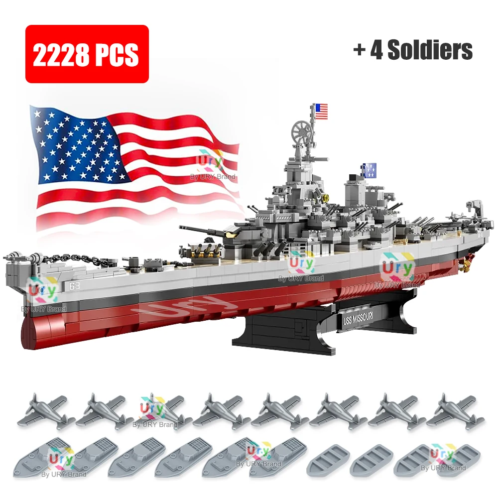 2228pcs Military WW2 Lowa Class USS Missouri Battleship Large Boat Cruiser Model Weapon Building Blocks Warship Toy for Kid Gift