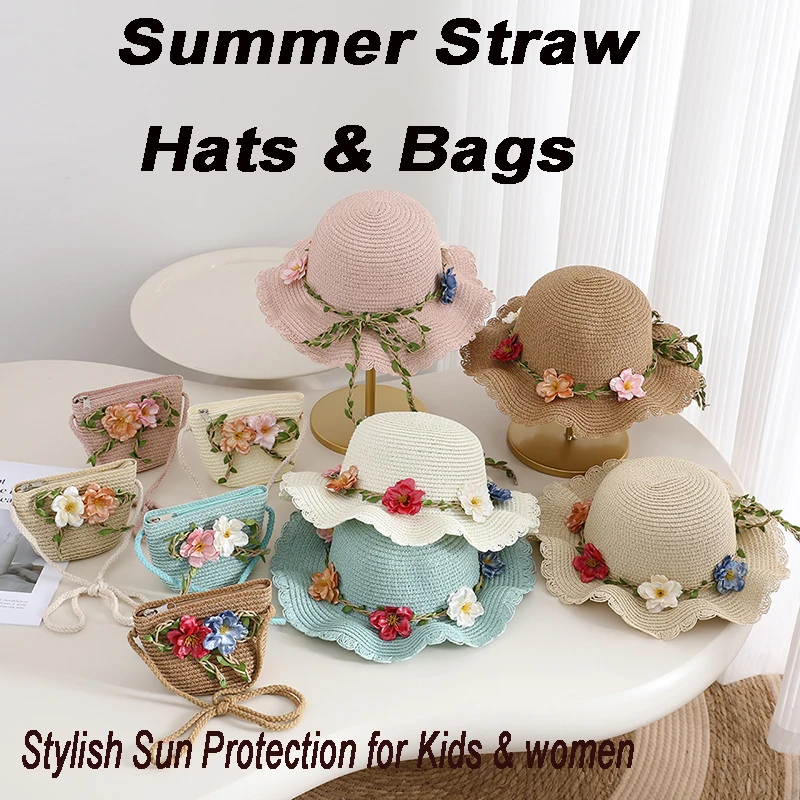 Floral Girls Straw Hat & Bag Set 2Pcs Summer Wide Brim Sun Hat with Handbag Cute Vacation Outfit for women