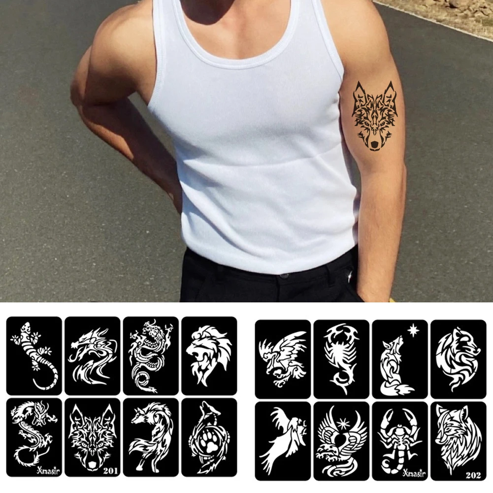 1Sheet Tattoo Stencil For Man Templates Body Art Showing Airbrush Paint Templates Decal Men\'s Arm Wolf Dragon Tattoo Template