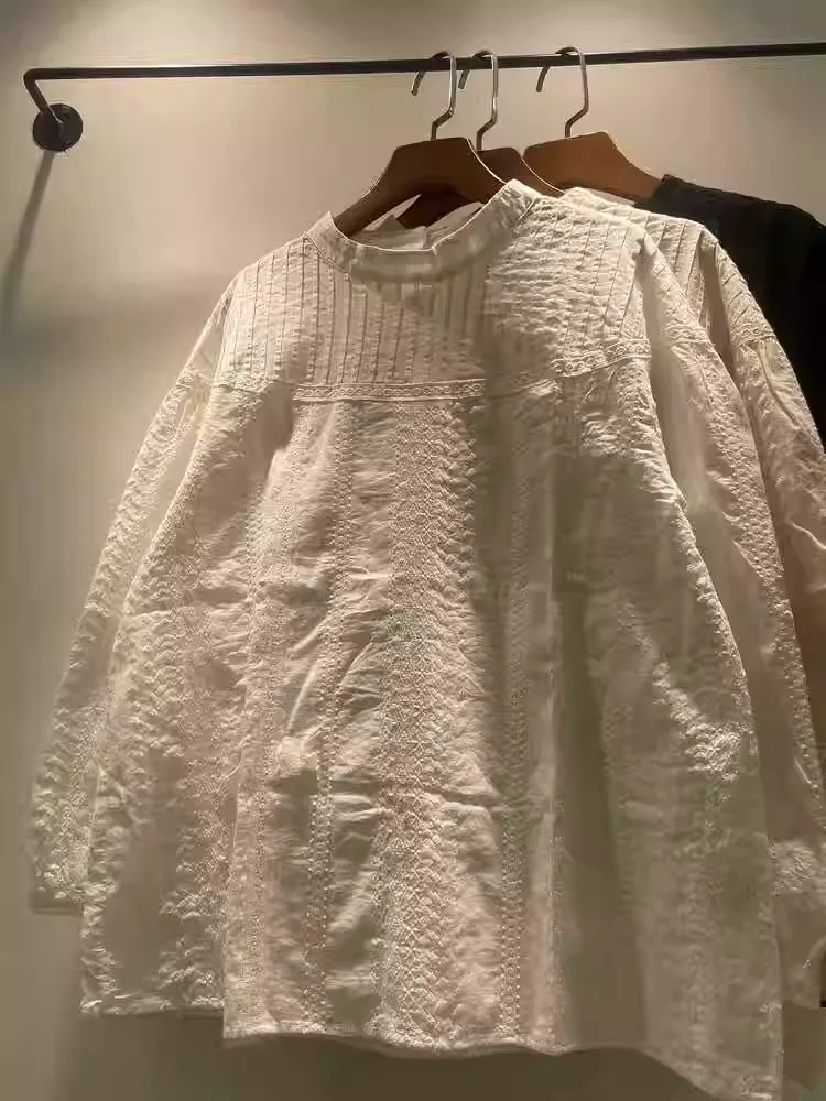 

Женские элегантные блузки из 100% хлопка с вышивкой, белые, черные, бежевые рубашки, женская офисная одежда, женские топы с длинными рукавами