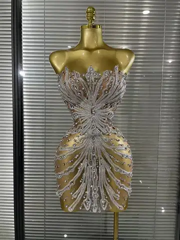 Shining Sequins Women Sexy Strapless Mesh See Through Bodycon Mini Dress Nightclub Party Celebrate Birthday Stage Wear