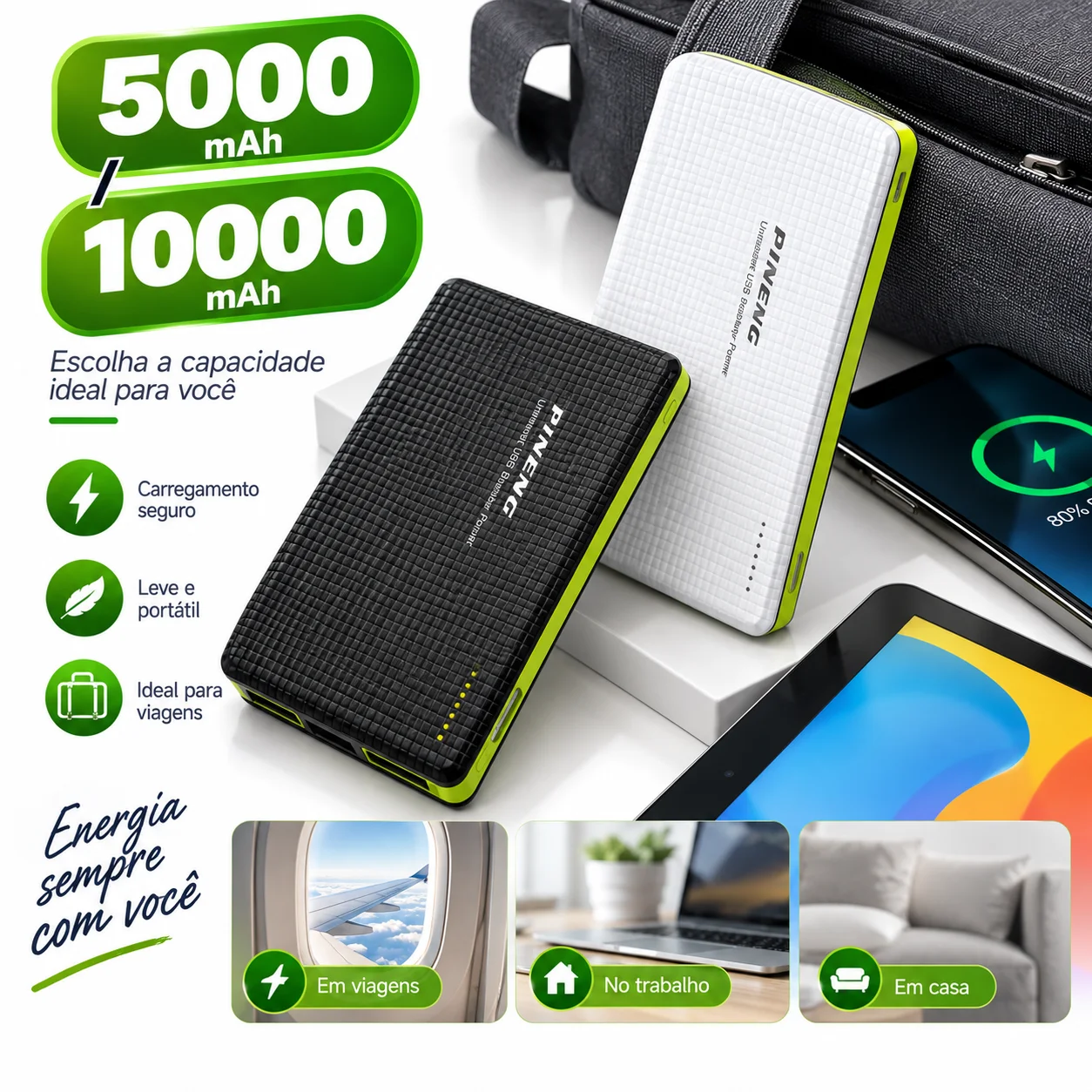 Power Bank 5000mAh E 10000mAh Com Adaptador E Carregador Portátil V8 Para Todos os Celulares