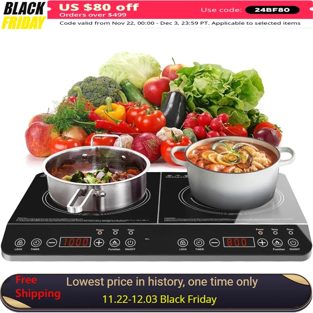 Double Induction Cooktop,1800W 8/10 Temperature & Power Levels, 3-hour Timer and Safety Lock, Portable Electric Stove