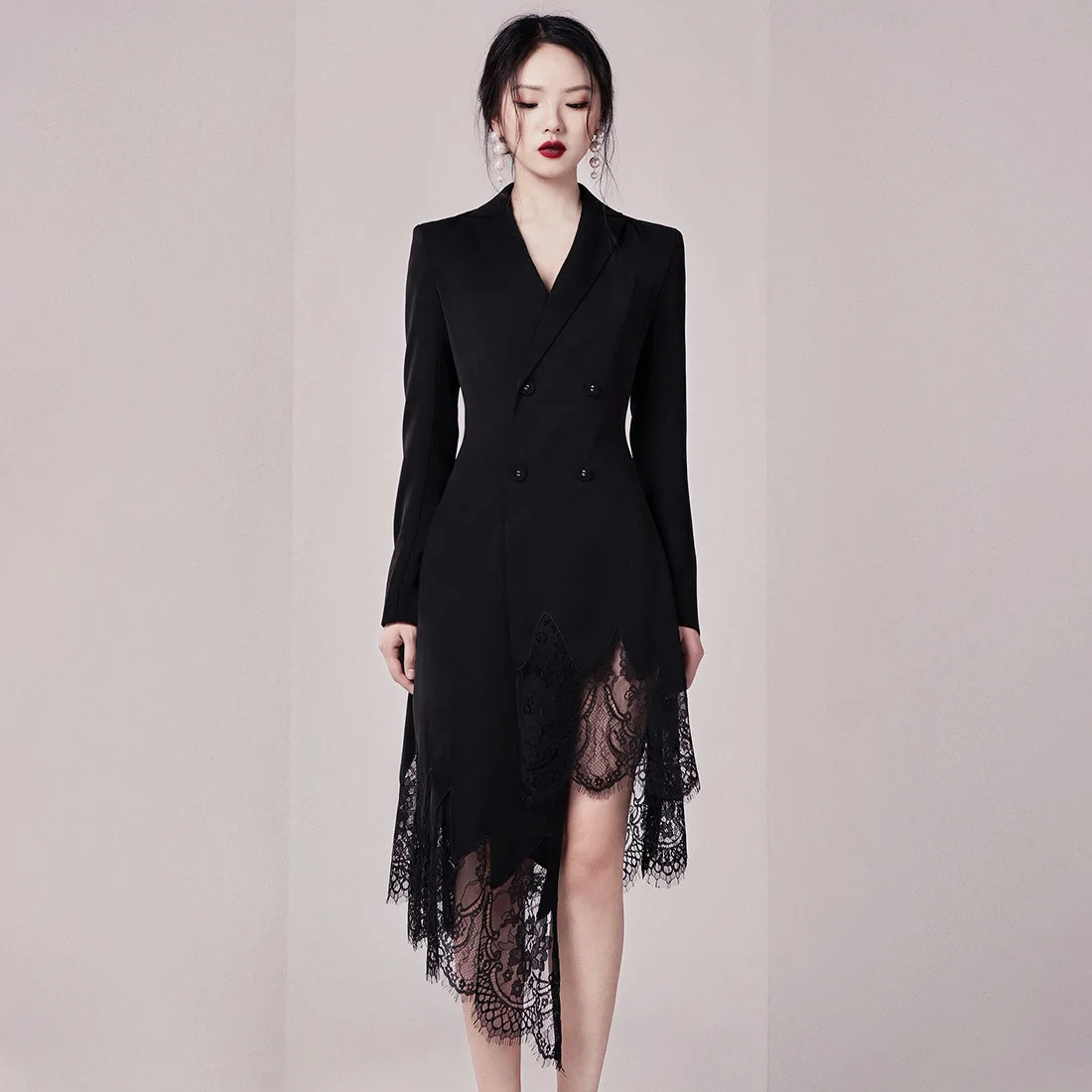 New Black lace Solid V-neck Double Breasted Suit Coat Dress Jacket Women Office Lady Blazer Women Coats Coat Women Dress