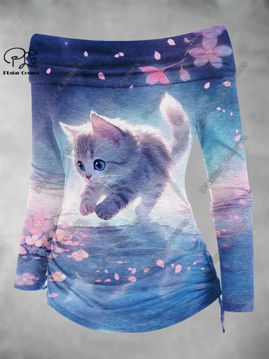 PLstar Cosmos 3D printed animal series cute kitten pattern printed off-shoulder pleated tight T-shirt women's casual top