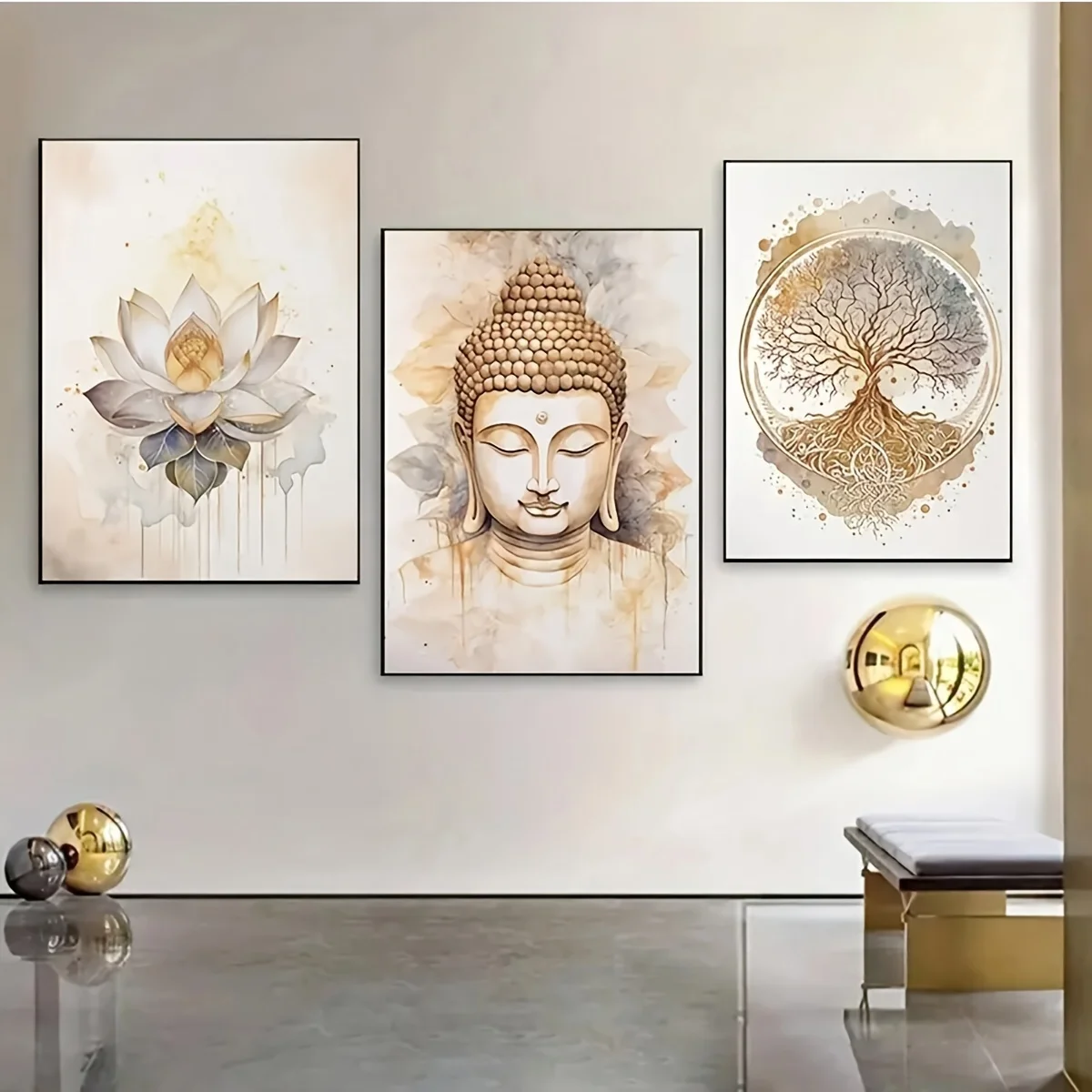 3 Pieces Modern Buddha and Lotus Wall Painting - Frameless Canvas Poster Prints for Living Room, Interior Portrait Direction, Sp