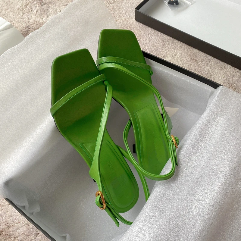 Dave&Di Ins Fashion Blogger Green Retro Stiletto Sandals Women Genuine Leather Casual Office Lady High Heel Shoes For Summe