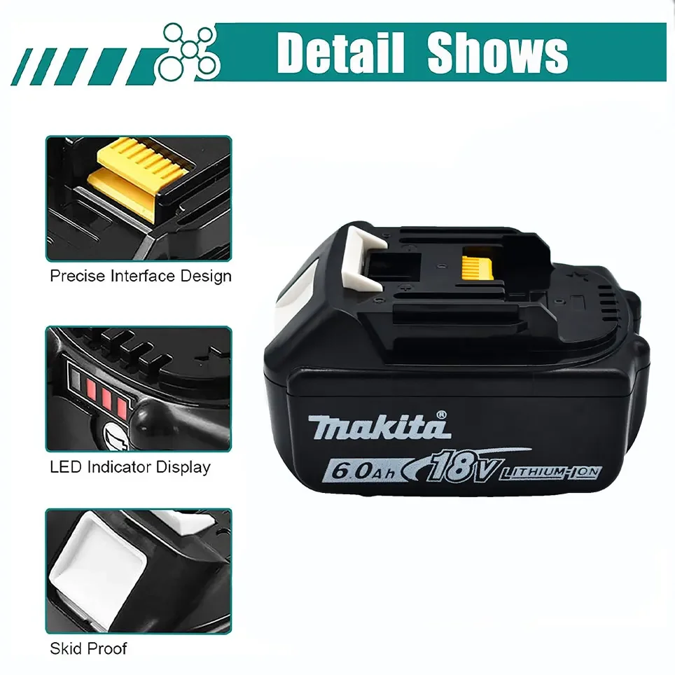 Makita Original 18V 6.0Ah, replaceable LED lithium-ion battery LXT BL1860B BL1860, rechargeable power tool battery