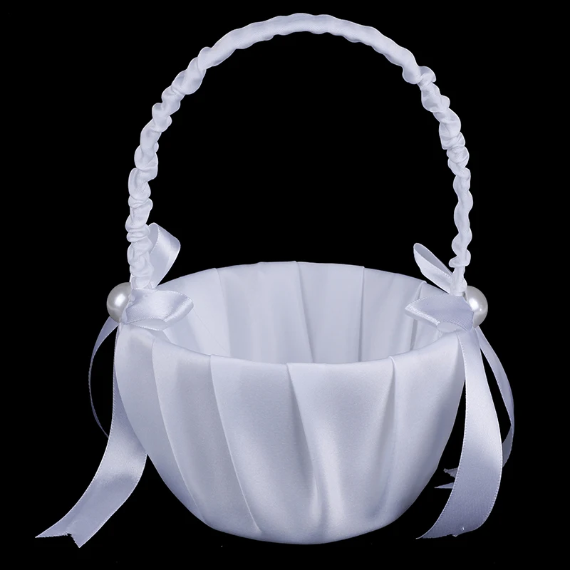 White Satin Beaded Wedding Flower Girl Basket Bowknot Decor