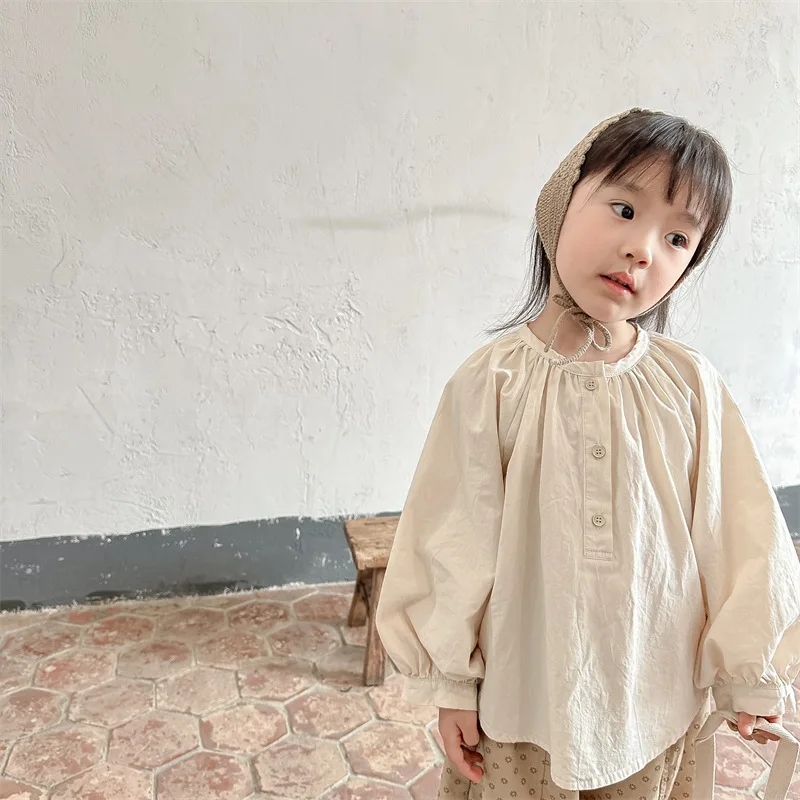 

2023 Spring New Baby Girls solid color Bat sleeve Blouses children washed cotton casual shirt Tops