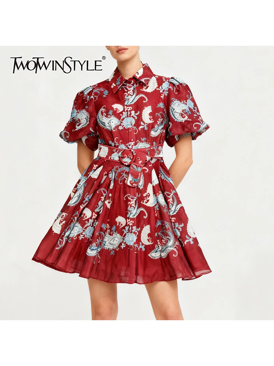 

TWOTWINSTYLE Red Printing Spliced Belt Fashion Dresses for Women Lapel Short Sleeves Tunic Patchwork Ruffle Elegant Dress Female
