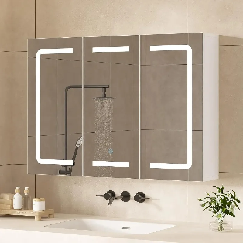 Lighted Medicine Cabinet Mirror 3-Door Wall Mount Adjustable Shelves Outlet 31.5x23.6in