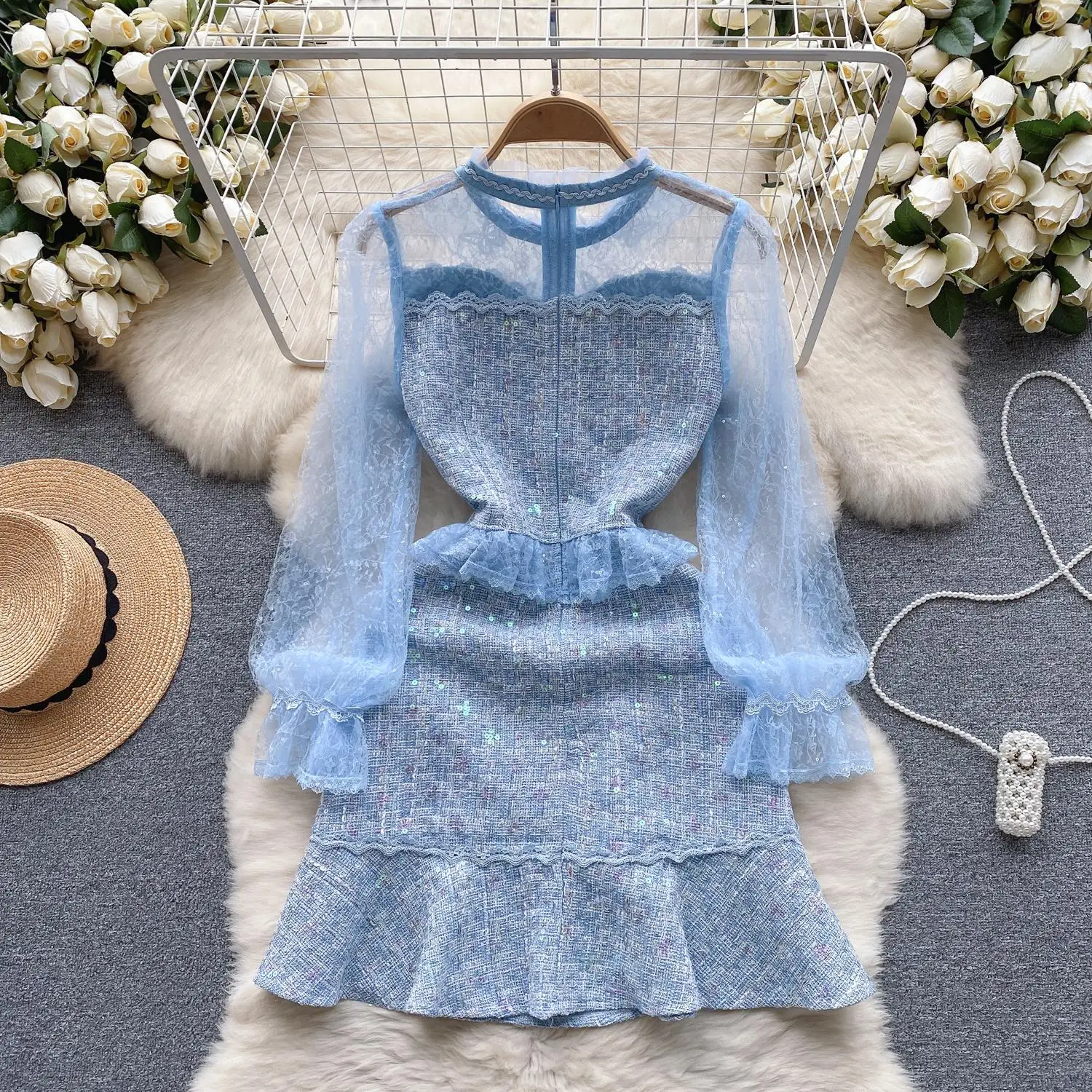 Runway Embroidery Sequins Tweed Dress Women's Ruffled Beaded Lantern Sleeve Blue Mesh Patchwork Slim Vintage Vestidos