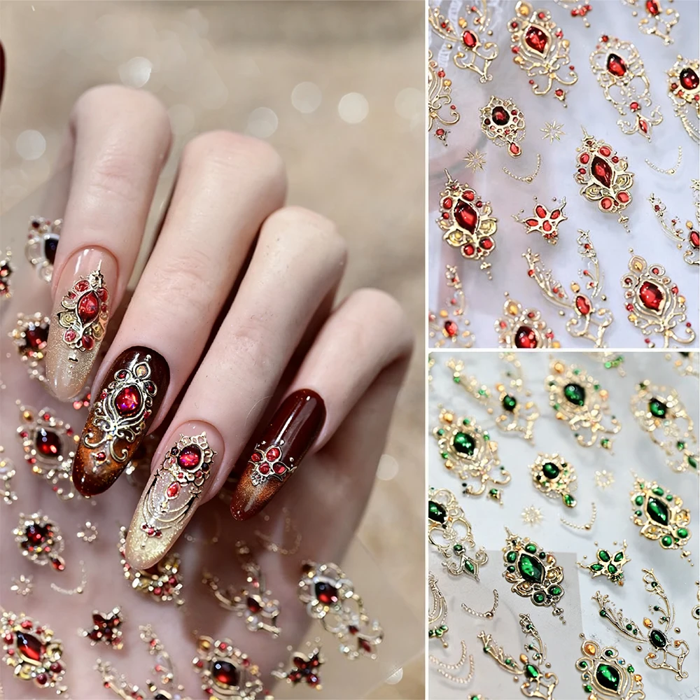 5D バロック様式の笏型レッドジェムストーンネイルステッカー、豪華なゴールドエレガントネックレスフレームデカール、自己粘着ネイルデコレーションステッカー