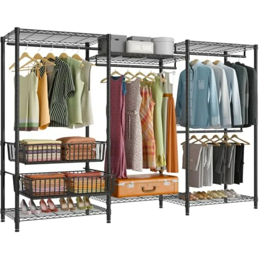

V10 Large Heavy Duty Garment Rack with Adjustable Shelves and Storage Baskets Black Wire Clothing Rack 68.9 W x 15.7 D x 76.4 H