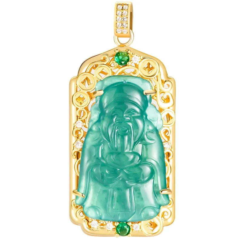 

Blue Jadeite God of Wealth Pendant Necklace Talismans Man Natural Jewelry Designer Real Burmese Jade Vintage 18K Gold Plated