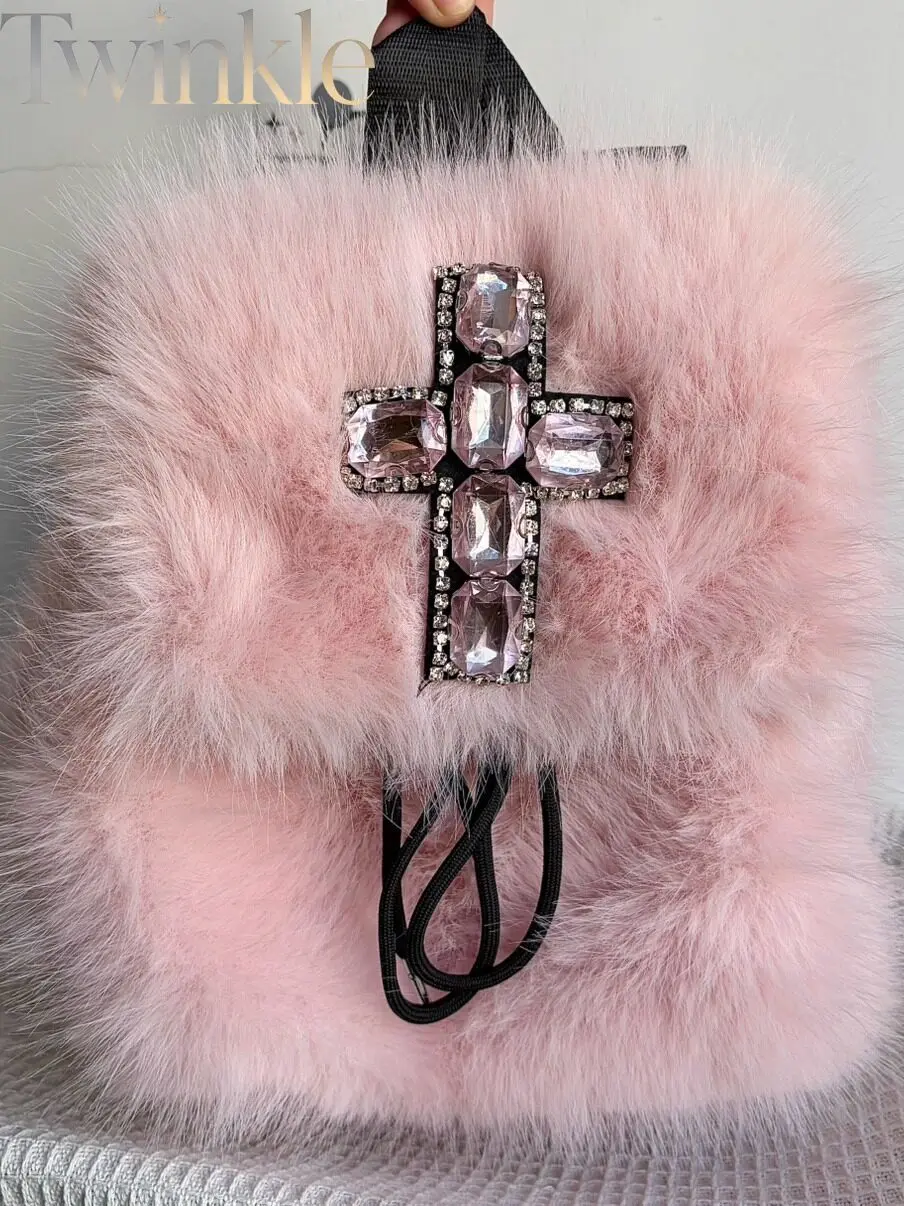 Pink Diamond Cross Y2K Fluffy Plush Backpack Winter Women Small Shoulder Bag Cute Harajuku Aesthetic Rucksack for Girls