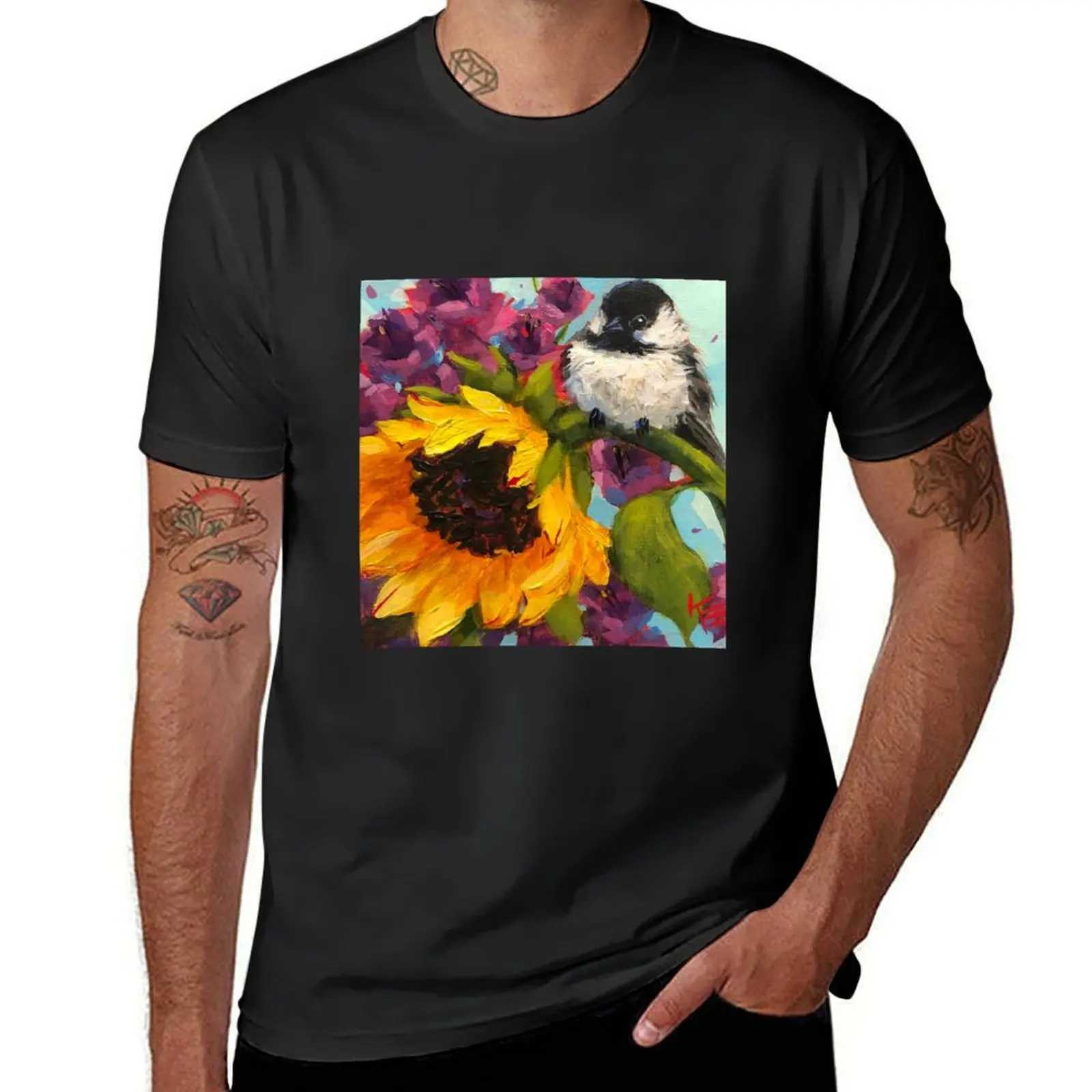 Chickadee & Sunflower T-Shirt tops heavyweights oversizeds boys whites mens t shirt