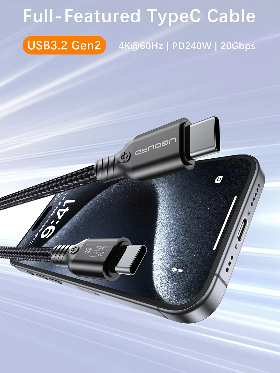 UGOURD USB3.2 20Gbps Typ-C zu Typ-C Kabel 240W Schnellladekabel USB-C SSD Festplattenkabel USB3 0,2m -3m 5m für MacBook iPad – Detail 1