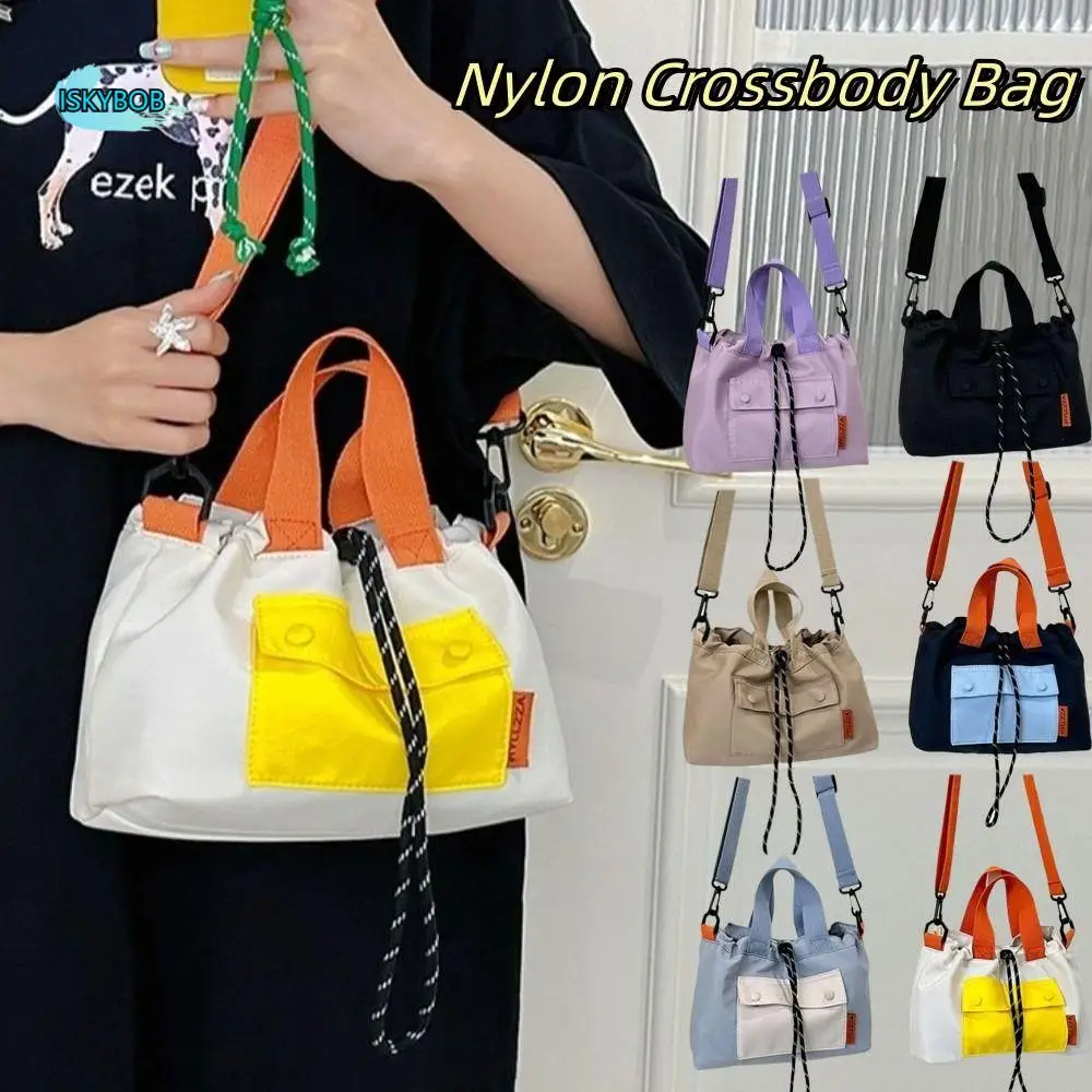 

Cloth Nylon Crossbody Bag Contrast Color Magnetic Button Shoulder Pouch Adjustable Straps Large Capacity Drawstring Bucket Bag