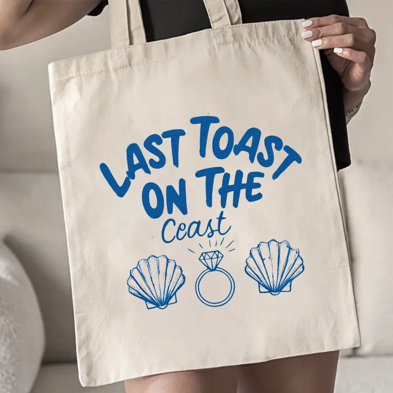 Beach Bachelorette Party Tote Bag Suitable for Coastal Wedding Bridal Shower Gift with Shell & Ring Design - Light Beige Machine