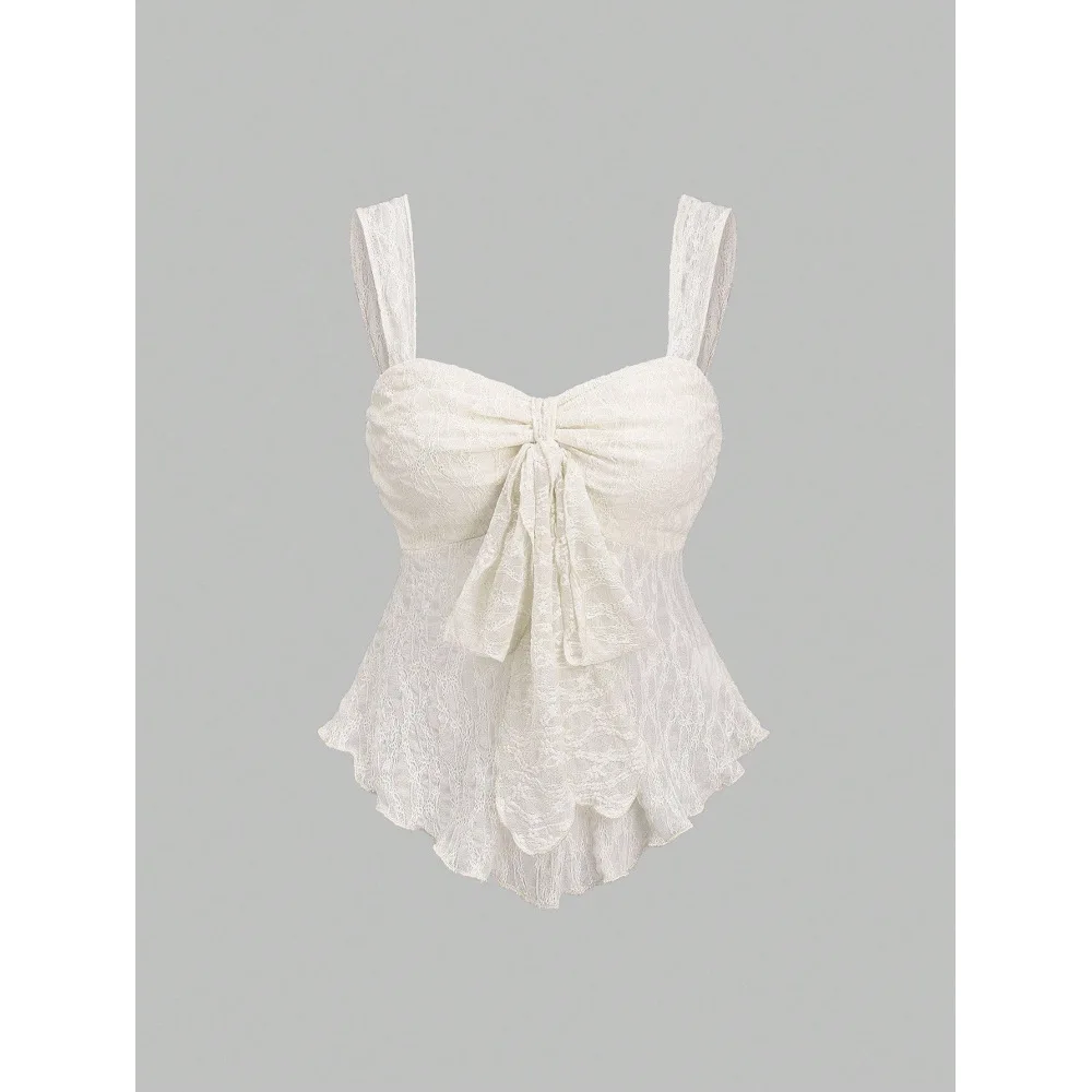 French solid color lace jacquard camisole vest with bow decoration, waist cinching short top, gentle and pure style vest