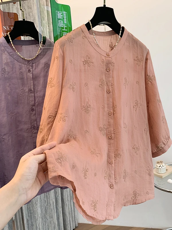 ريترو مطرز القطن الكتان اللون فضفاض عادية irt المرأة حجم كبير سبعة أرباع Sve زر الوقوف طوق مفتوح...