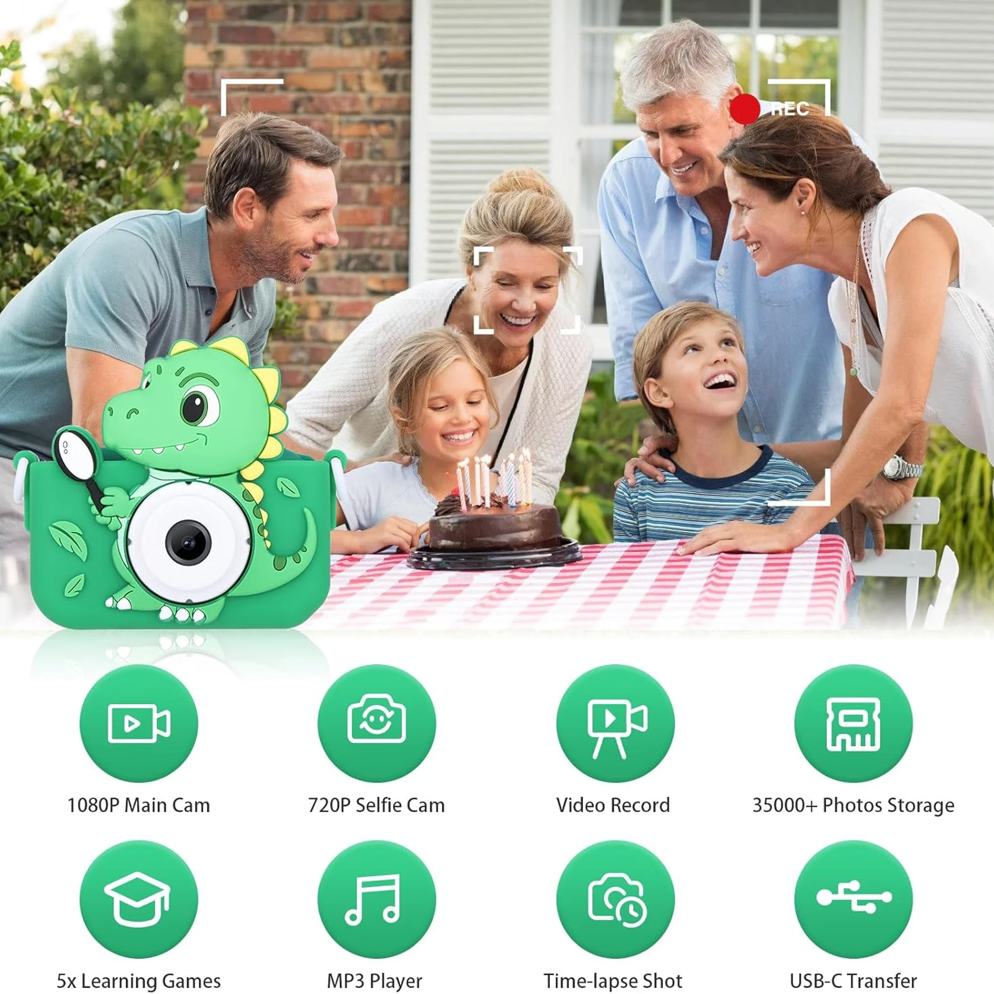 Dinozaury Dziecięce Aparaty Zabawki Kamera Wideo HD 1080P 48MP Podwójny Aparat z Silikonową Osłoną Ochronną Karta 32GB Chłopiec Dziewczynka Prezent Urodzinowy