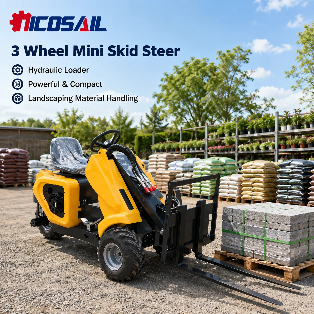 OEM Custom NICOSAIL 3 Wheel Mini Skid Steer Loader CE Certified Hydraulic Loader for Garden and Landscaping Work