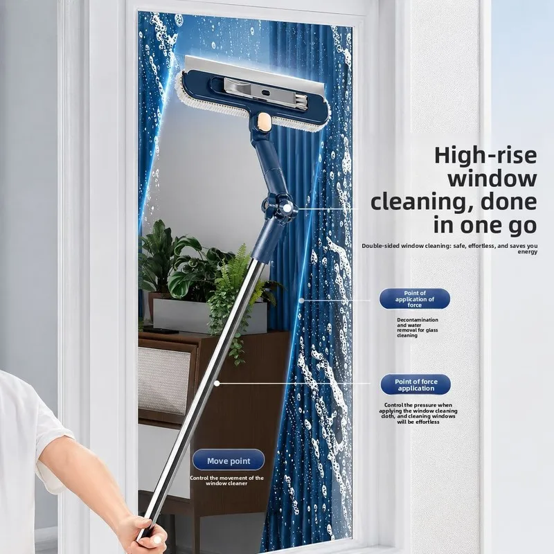 Double Sided Window Cleaning Kit With Extension Pole Glass Wiper Scrubber Brush Household Window Washing Tool For High Rise Wind