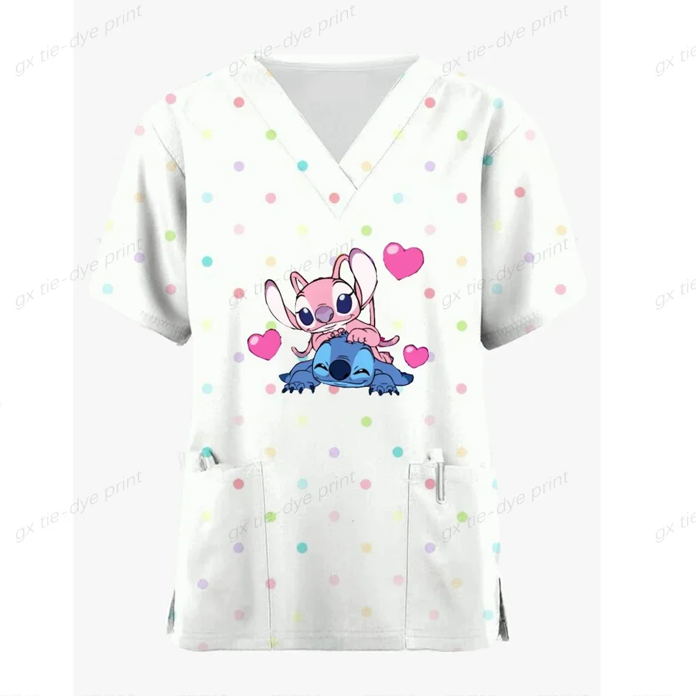 Kawaii Women's Nurse Uniform Lilo&Stitch Matte Top Printed Clinic Nursing Staff Protective Care Uniform Shirt