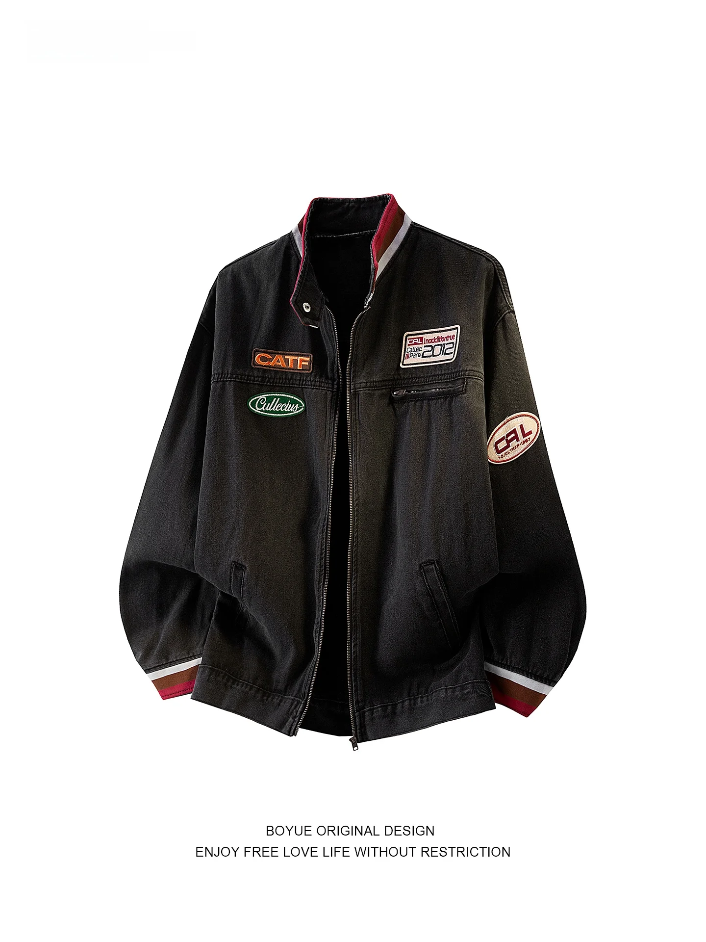 

Мужская джинсовая куртка Boyue American Sle Baseball с вышивкой, воротником-стойкой, повседневная, модная, уличная одежда, весна-осень-зима