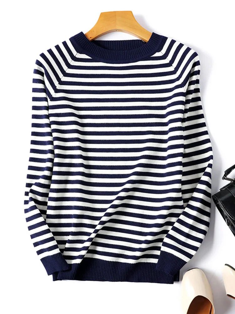 2024 Autumn Winter Long Sleeve Striped Pullover Women Sweater Knitted Sweaters O-Neck Tops Korean Pull Femme Jumper Female White