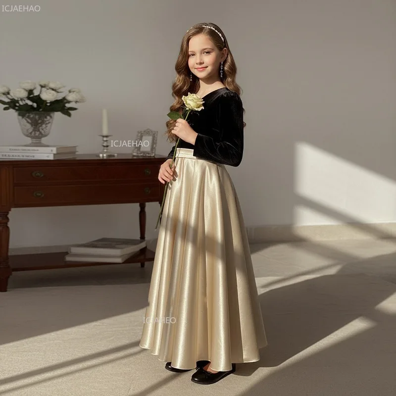 Children Girls Black Long Pageant Dress Costume New Kids PrincessCelebration Dresses Clothes Gown for Host Performance Formal