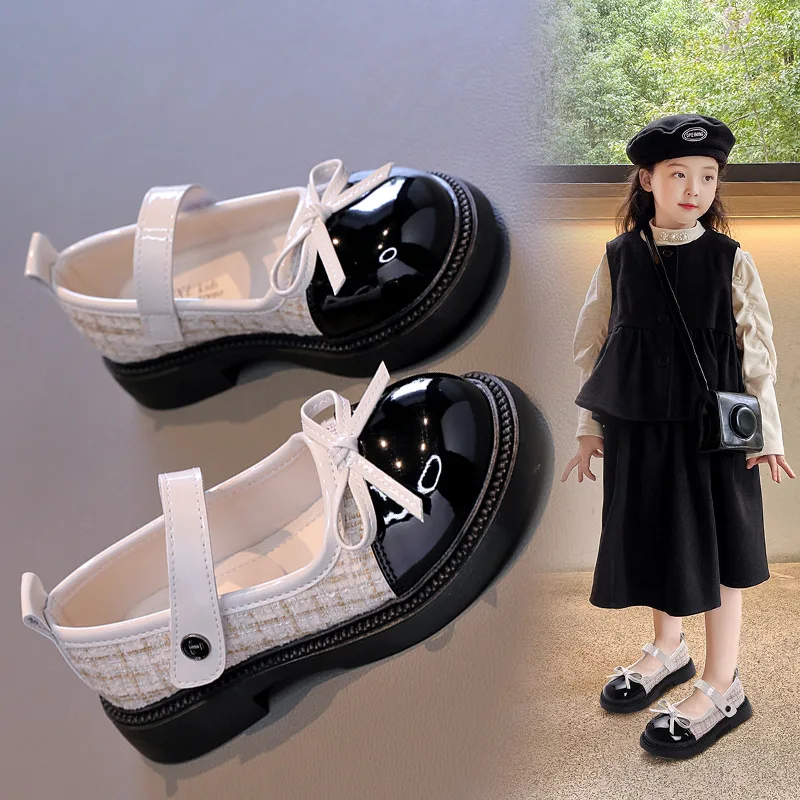 Primavera outono crianças moda sapatos de couro criança elegante cor sólida sapatos sola macia menina houndstooth arco brilhante sapatos princesa