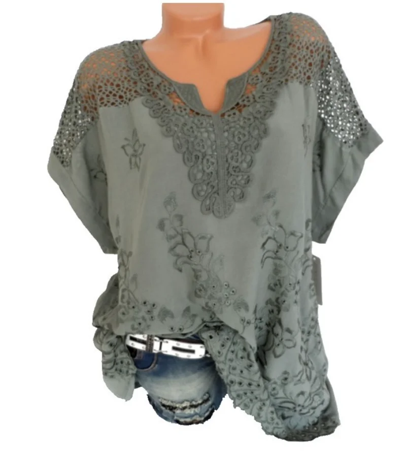 Zomerse Damesblouses En-Tops Met Korte Mouwen En Losse Witte Kanten Patchwork Shirt 4xl 5xl Damestops Vrijetijdskleding