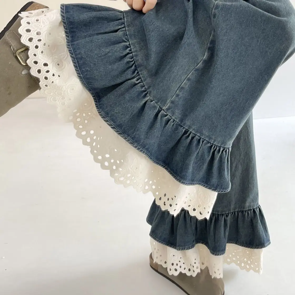New Japanese and Korean sweet lace jeans elastic waist denim wide-leg pants casual pants trousers loose