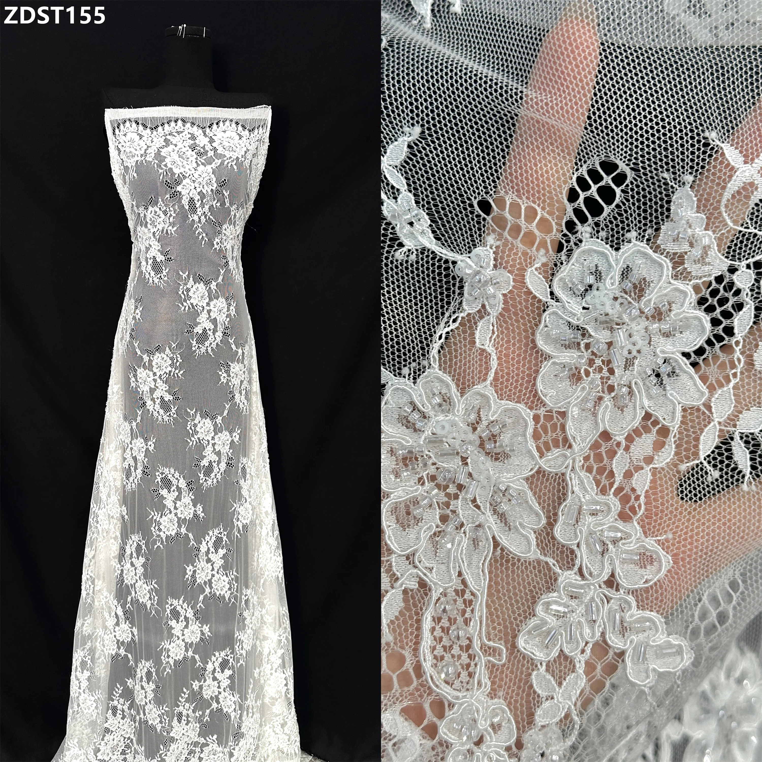 

White Wedding Dress Lace Handmade Sequins Beaded Lace Fabric Embroidery French Lace 3 Meters African Mesh Stones Lace