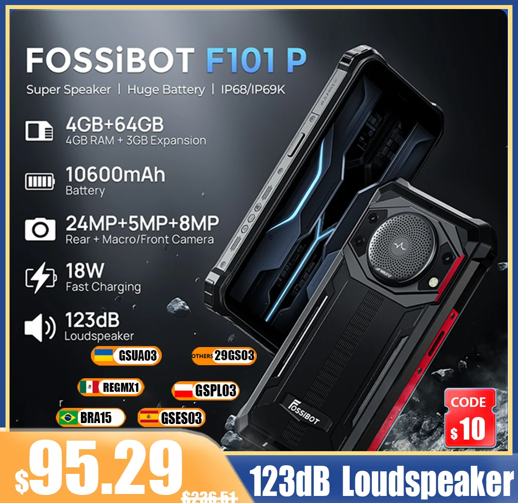 FOSSiBOT F101P,10600mAh Battery, 4GB RAM 64GB ROM, 24MP, Large Speaker, 5.45 inch HD+Water Droplet Screen, IP68 Waterproof