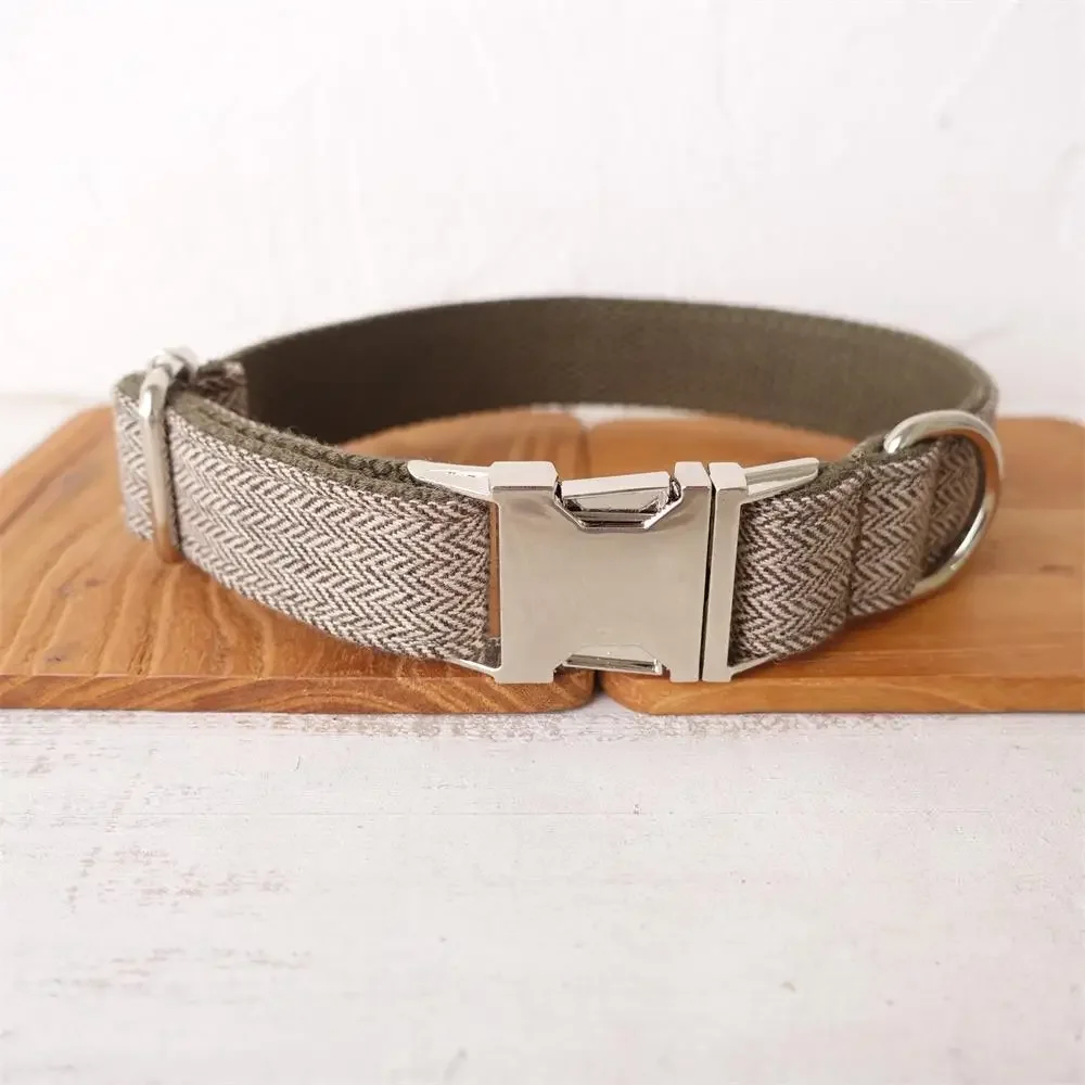 Personalized Dog Collar with Free Engraving, Matching Pet Leash,Customzied Contacts Metal Buckle,Light Brown Fiber Pet Collar