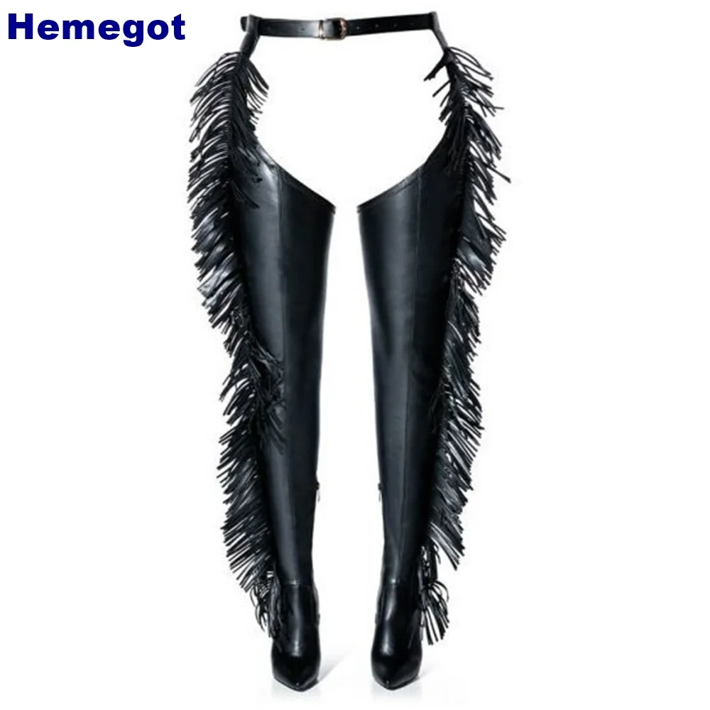 Sexy Ladies Black Fringed Waist Boots Platform Winter Catwalk Street Belt Buckle Thin High Heels Fashion Women Over Knee Shoes