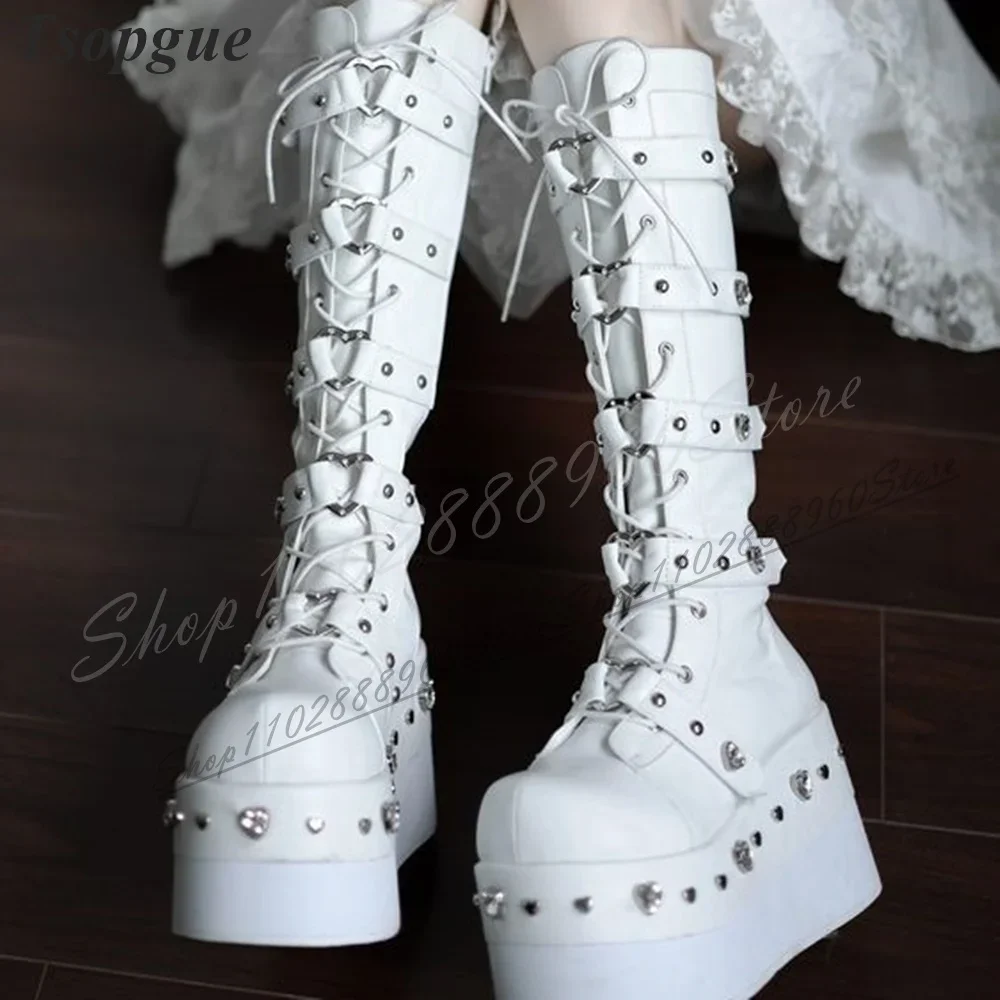 

Punk Knee High White Cross Tied Metal Decor Boots Wedges Heel Women Shoes Side Zipper Round Toe 2024 Fashion Zapatos Para Mujere